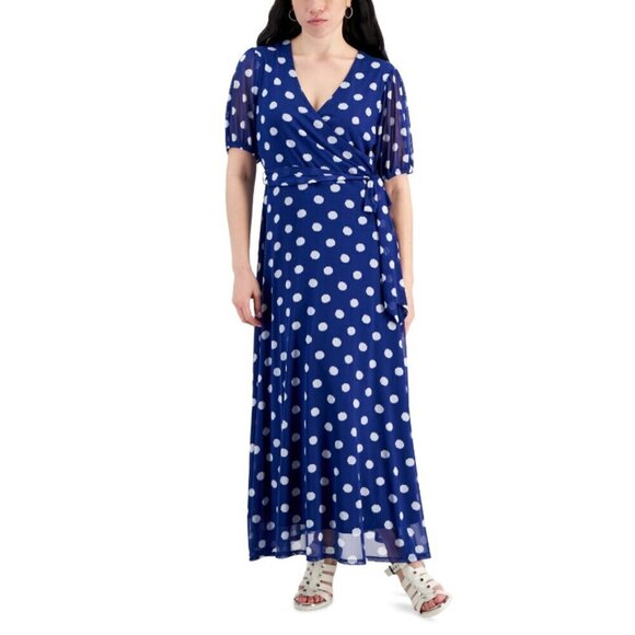 Jamie & Layla Petite Large Blue and White Polka Dot Faux-Wrap Maxi Dress NWT - Picture 1 of 4